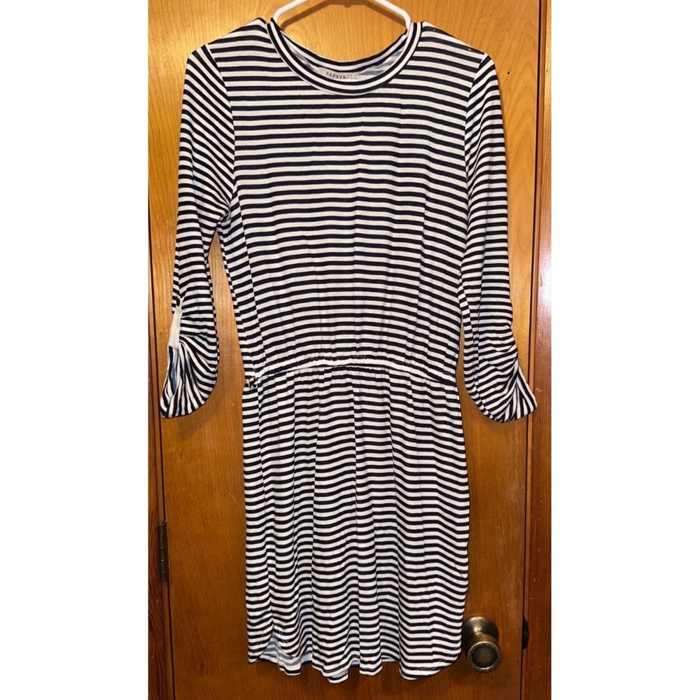 Papaya Black White Striped Roll-Tab Long Sleeve Elastic Waist Jersey Dress Large